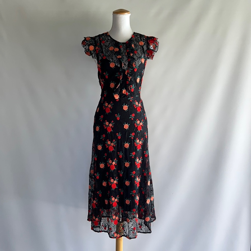 NWT Zara Rose Embroidered Lace Overlay Midi Dress - sz L